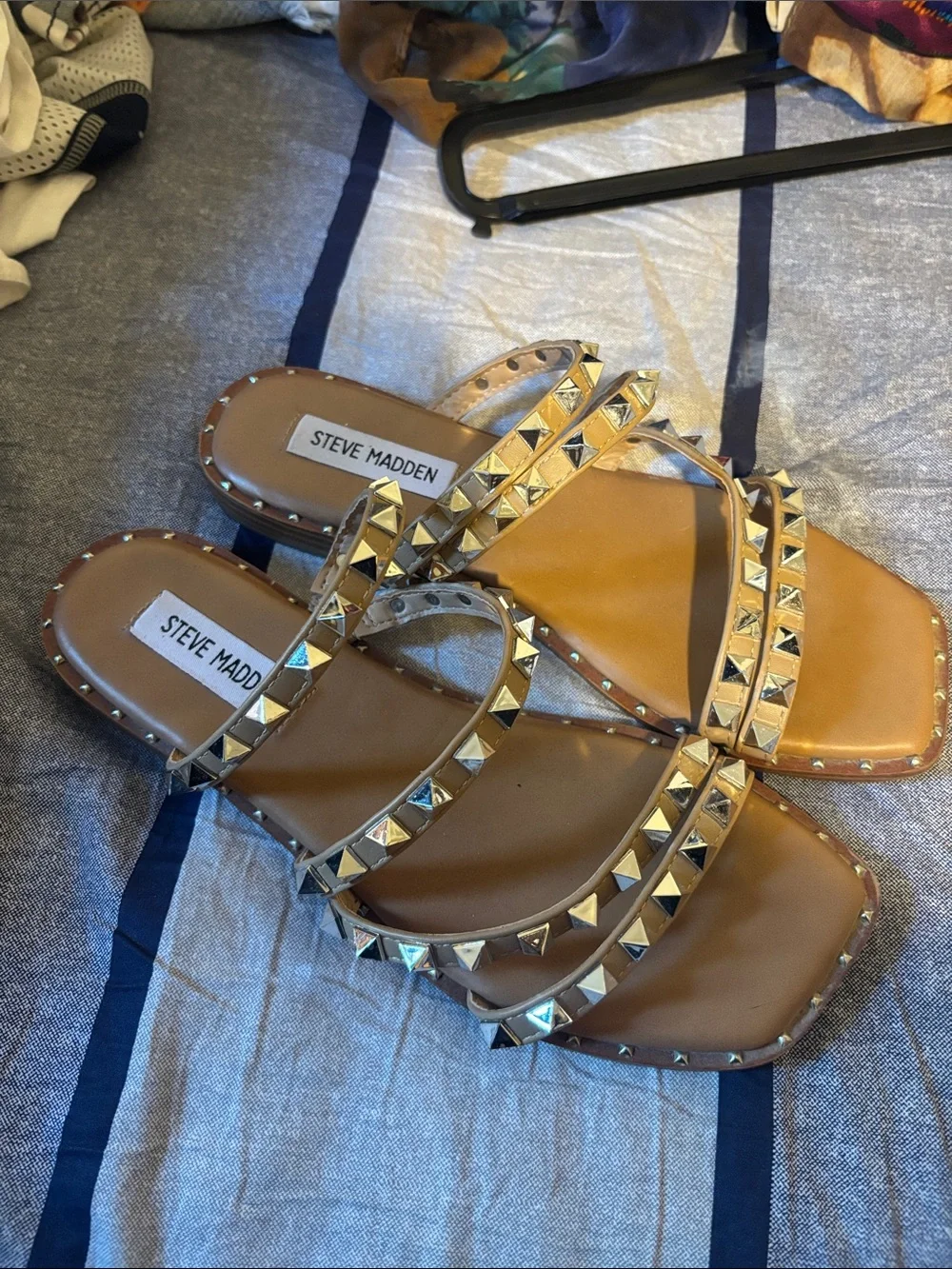 Steve Madden Tan Slide Sandals with Gold Pyramid Studs